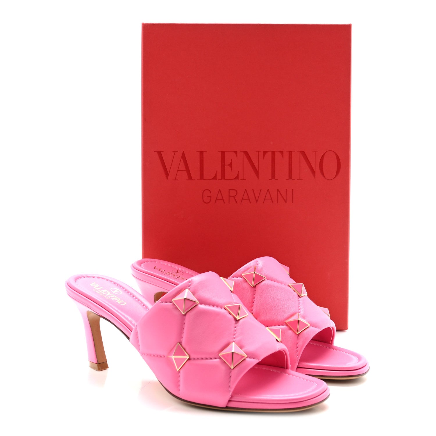 Valentino Garavani Nappa Enamel Quilted Monochrome Roman Stud 65mm Slide Sandals 39.5 Pink 10 of 10
