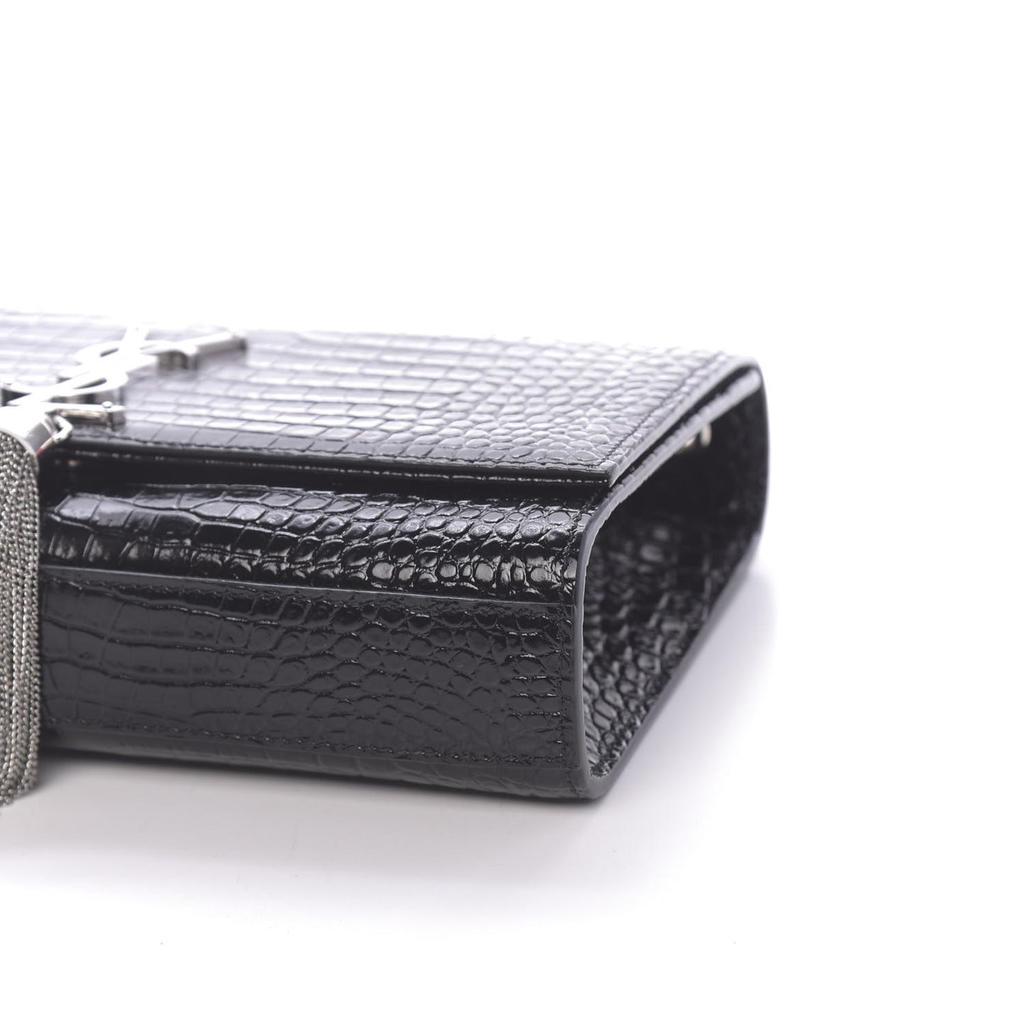 Calfskin Crocodile Embossed Medium Classic Monogram Kate Tassel Satchel Black