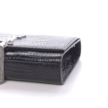 Saint Laurent Calfskin Crocodile Embossed Medium Classic Monogram Kate Tassel Satchel Black 9 of 9