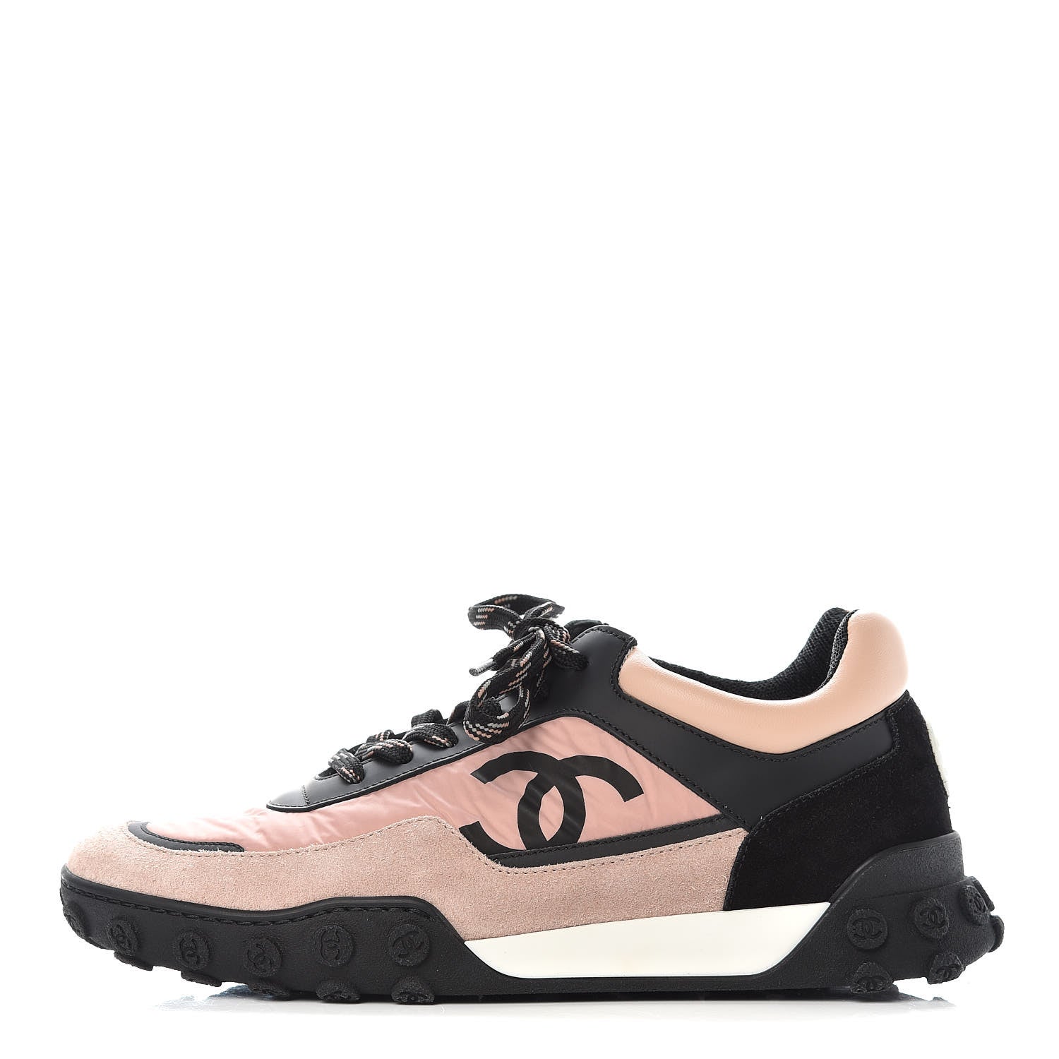 Chanel Nylon Calfskin Suede CC Womens Sneakers 37.5 Pink Black 1 of 11