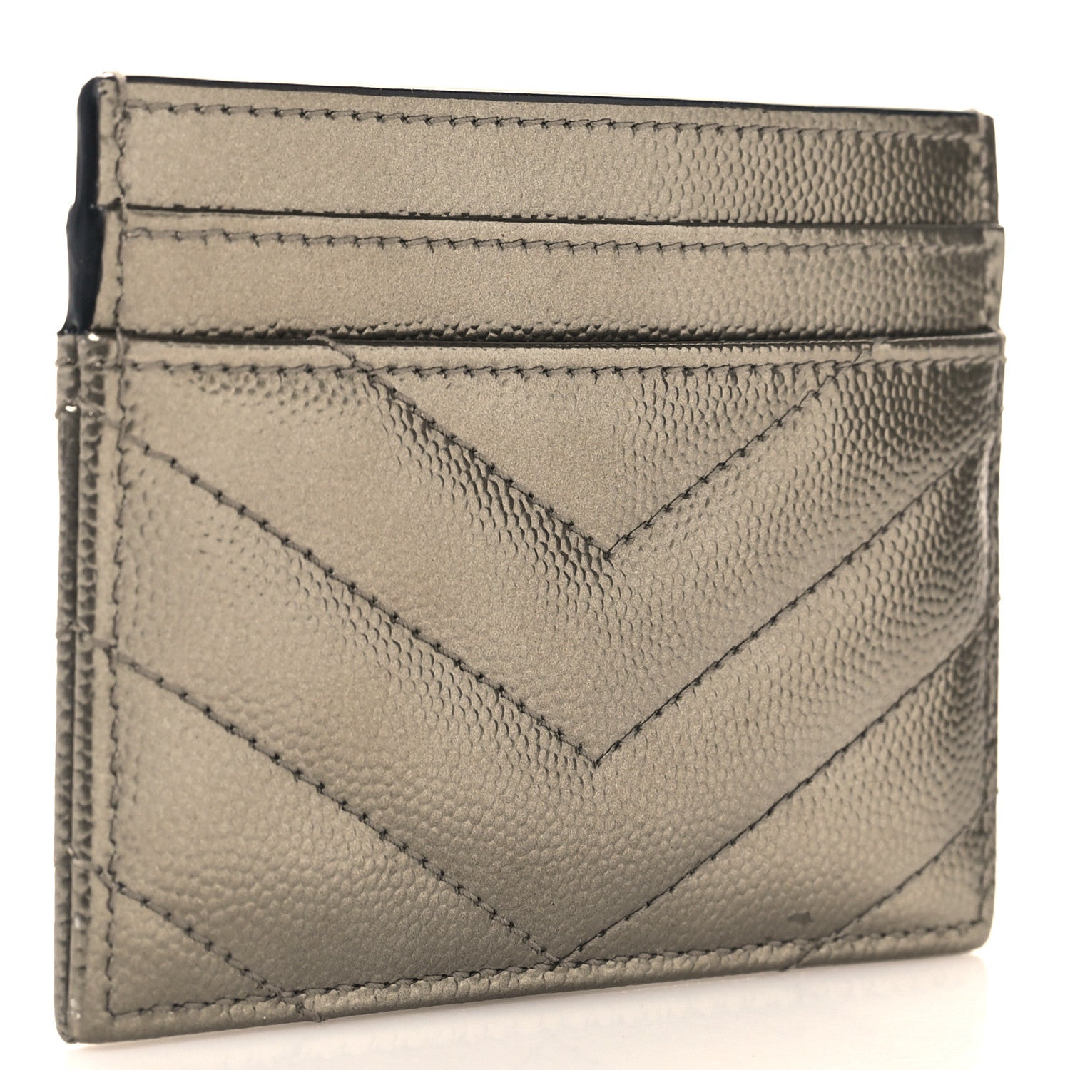 Saint Laurent Metallic Grain De Poudre Matelasse Chevron Monogram Credit Card Case Piombo 3 of 7