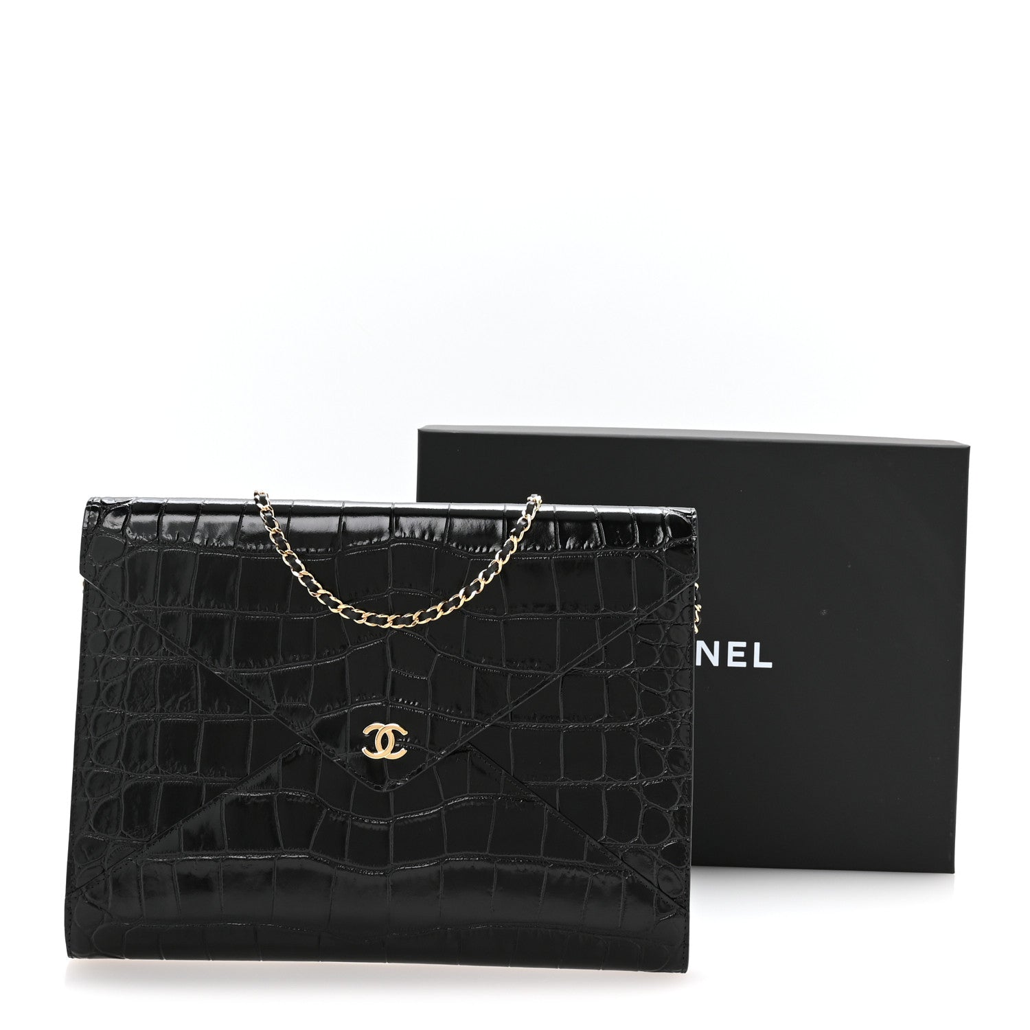 Chanel Calfskin Crocodile Embossed Croc Illusion Clutch With Chain Black 21 of 21