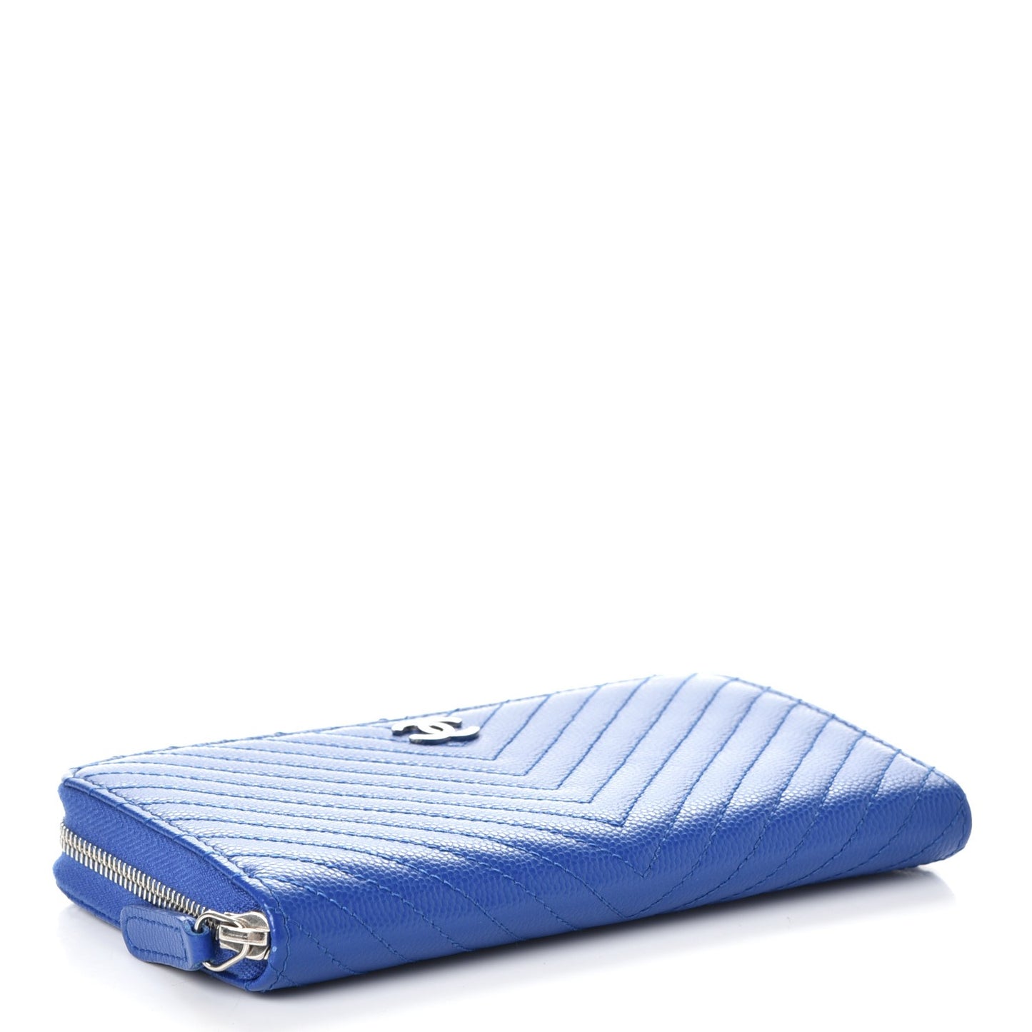 Caviar Chevron Quilted Small Zip Around Wallet Bright Blue
