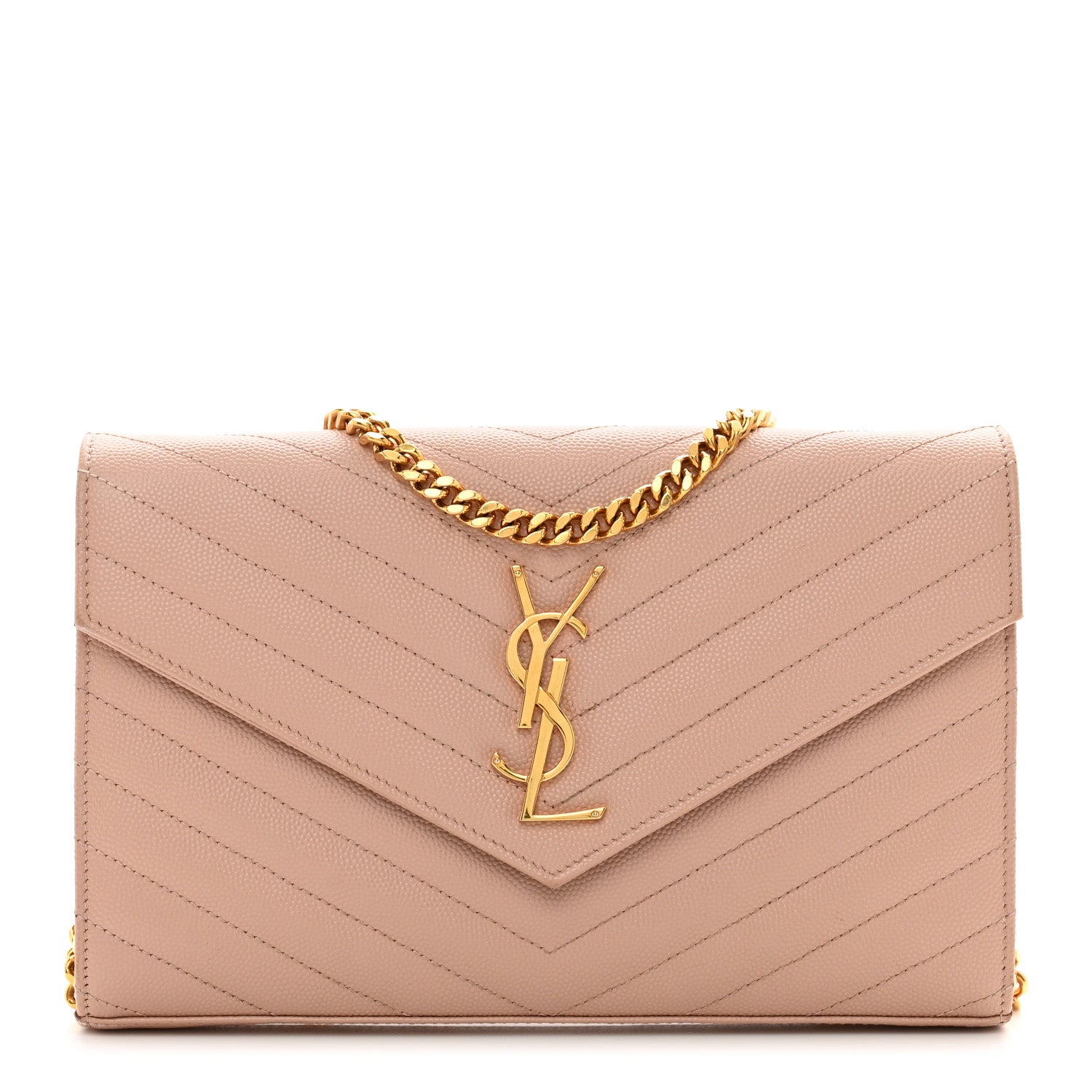 Saint Laurent Grain De Poudre Matelasse Chevron Monogram Chain Wallet Pale Pink 1 of 12