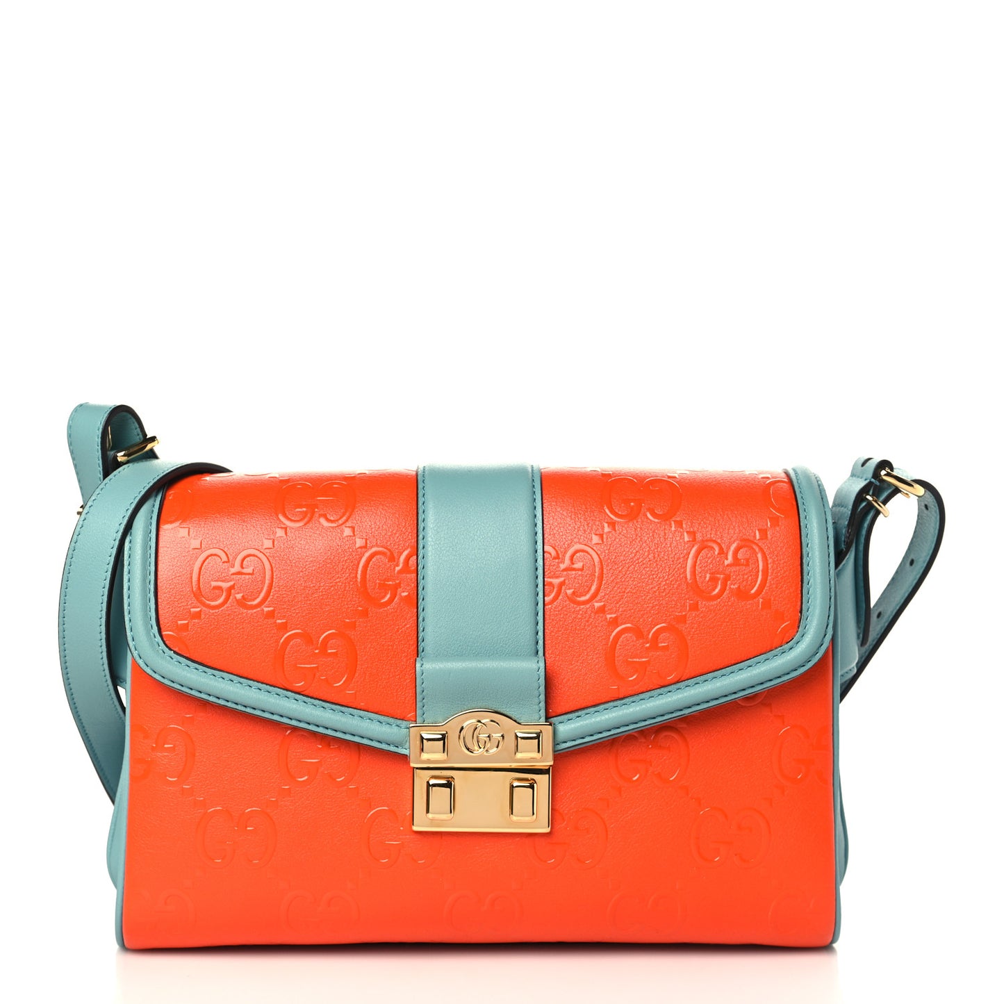 Wonka Grain Calfskin Bi-Color GG Debossed Medium GG Shoulder Bag Deep Orange Dusty Azure