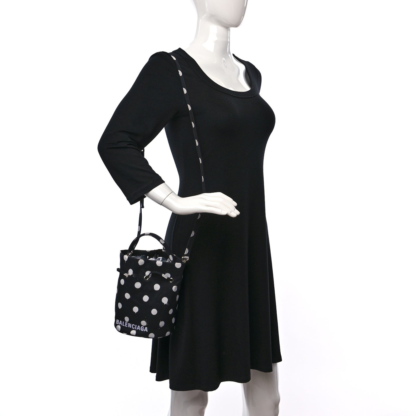 Recycled Sport Nylon Polka Dot Logo Embroidered Wheel Drawstring Bucket Bag Black White