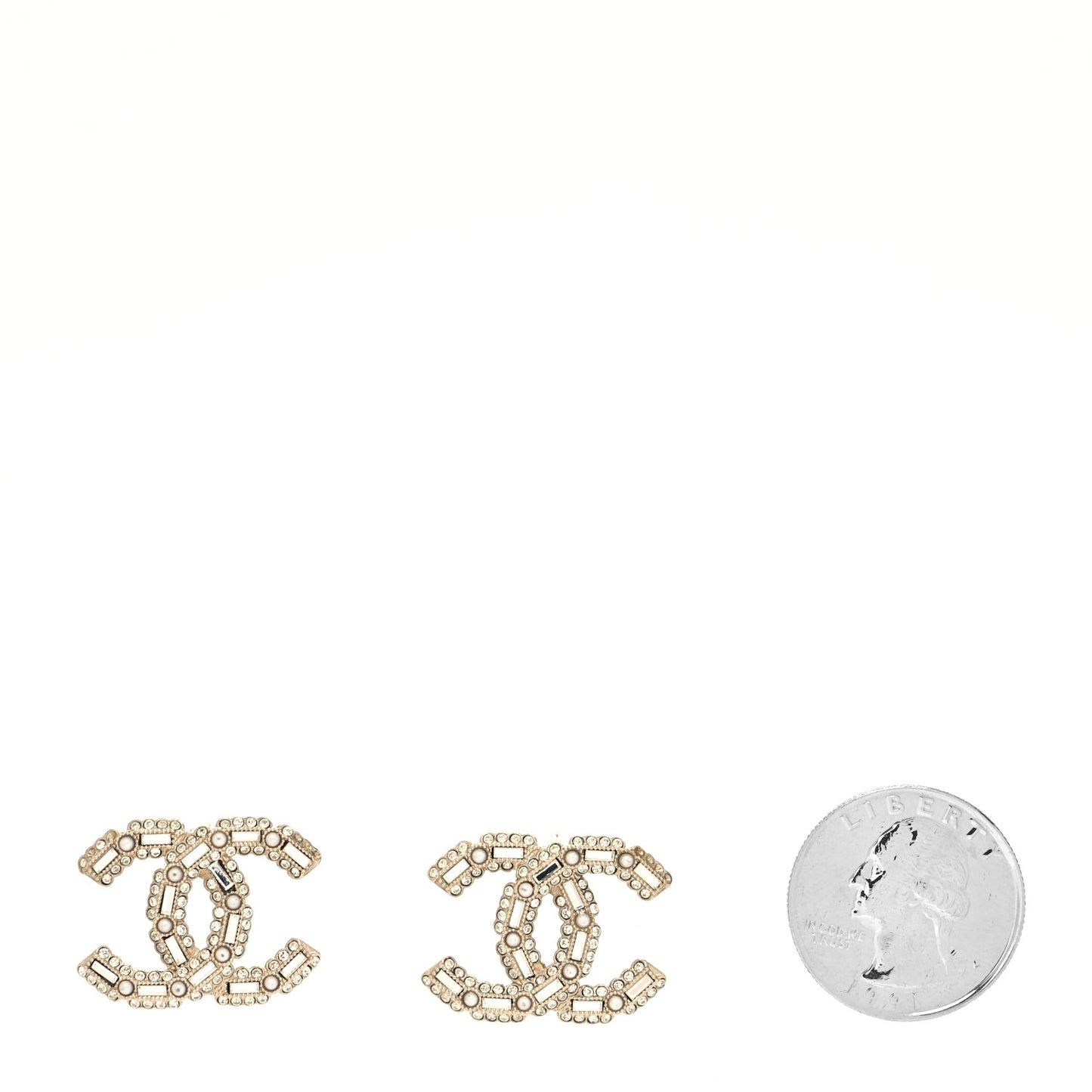 Crystal Baguette Pearl CC Earrings Gold Pearly White