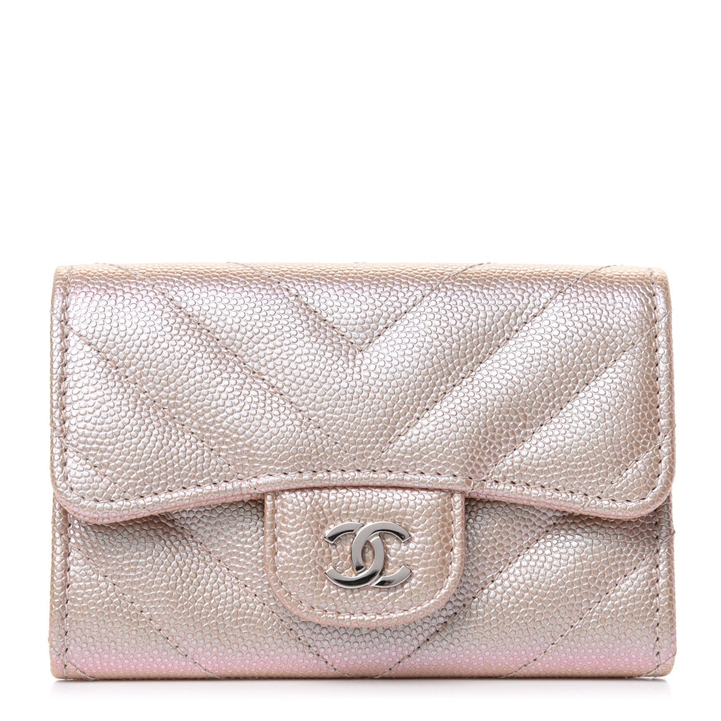 Metallic Caviar Chevron Quilted Flap Card Holder Light Gold