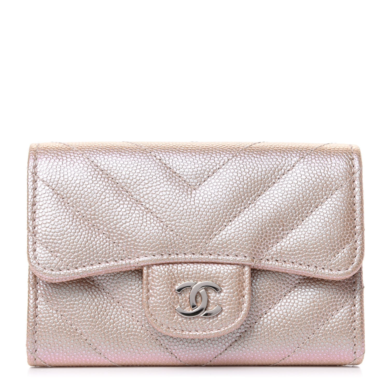 Chanel Metallic Caviar Chevron Quilted Flap Card Holder Light Gold 1 of 9