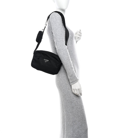Re-Nylon Vela Saffiano Double Zip Shoulder Bag Black