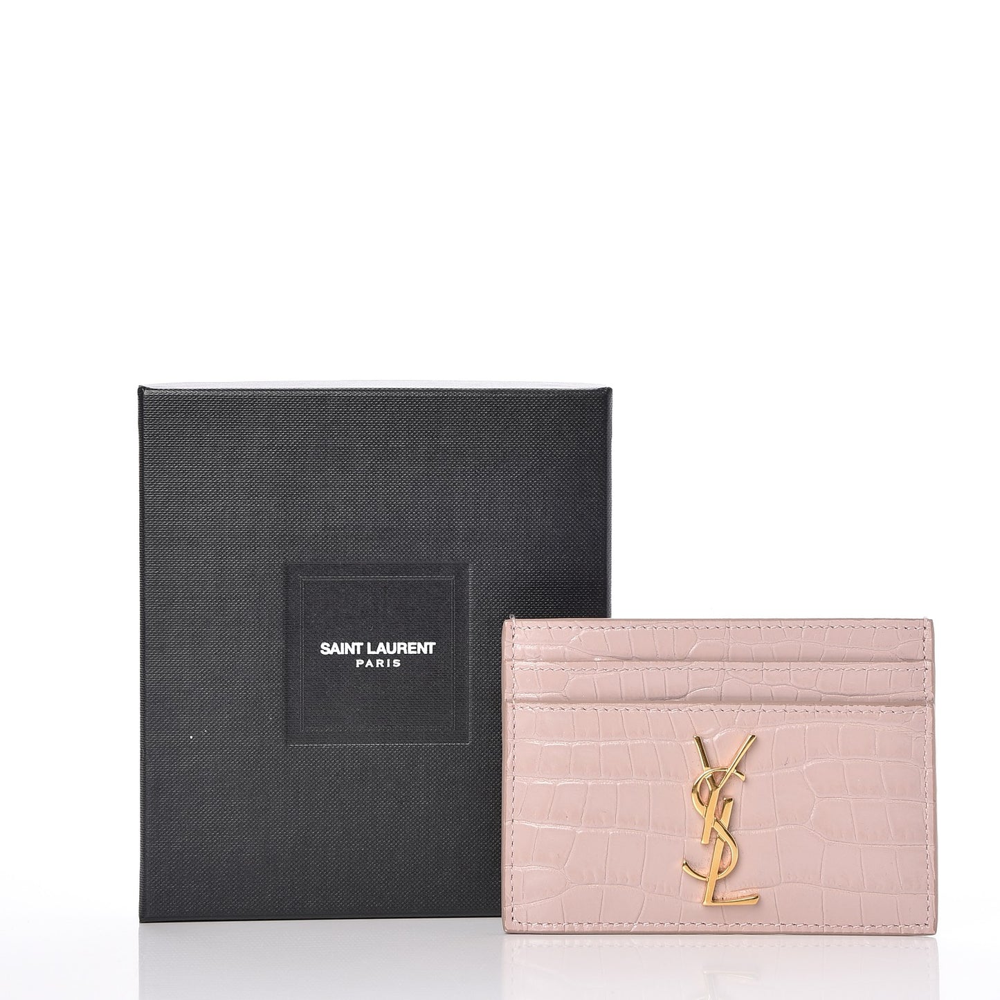 Calfskin Crocodile Embossed Card Case Rose Antic