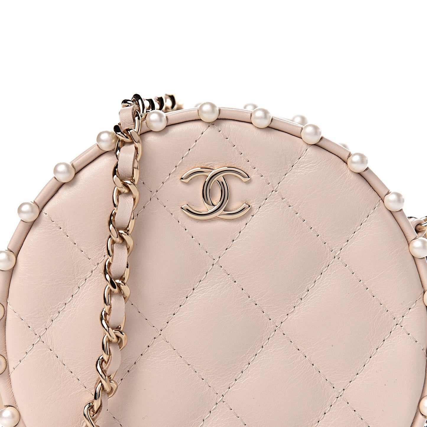 Calfskin Quilted Pearl Round Clutch With Chain White
