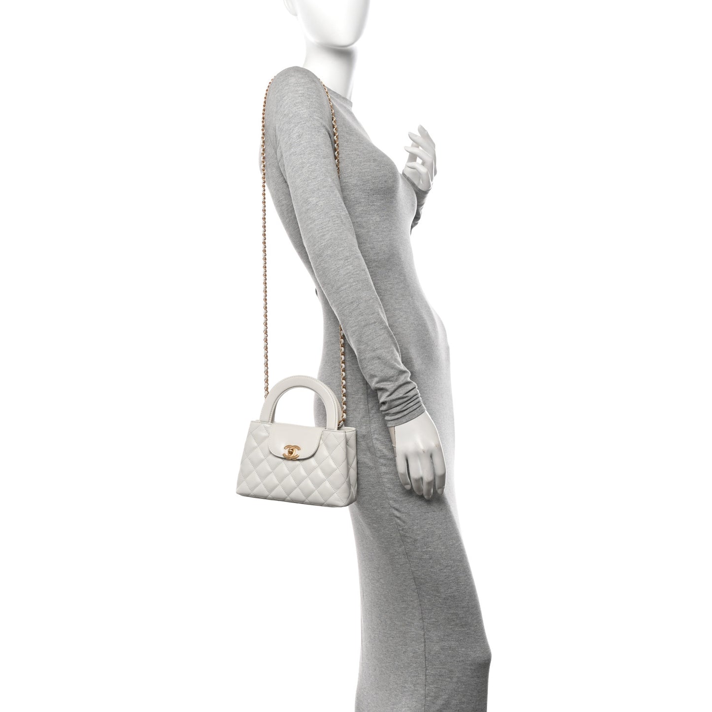 Shiny Aged Calfskin Quilted Nano Kelly Shopper White