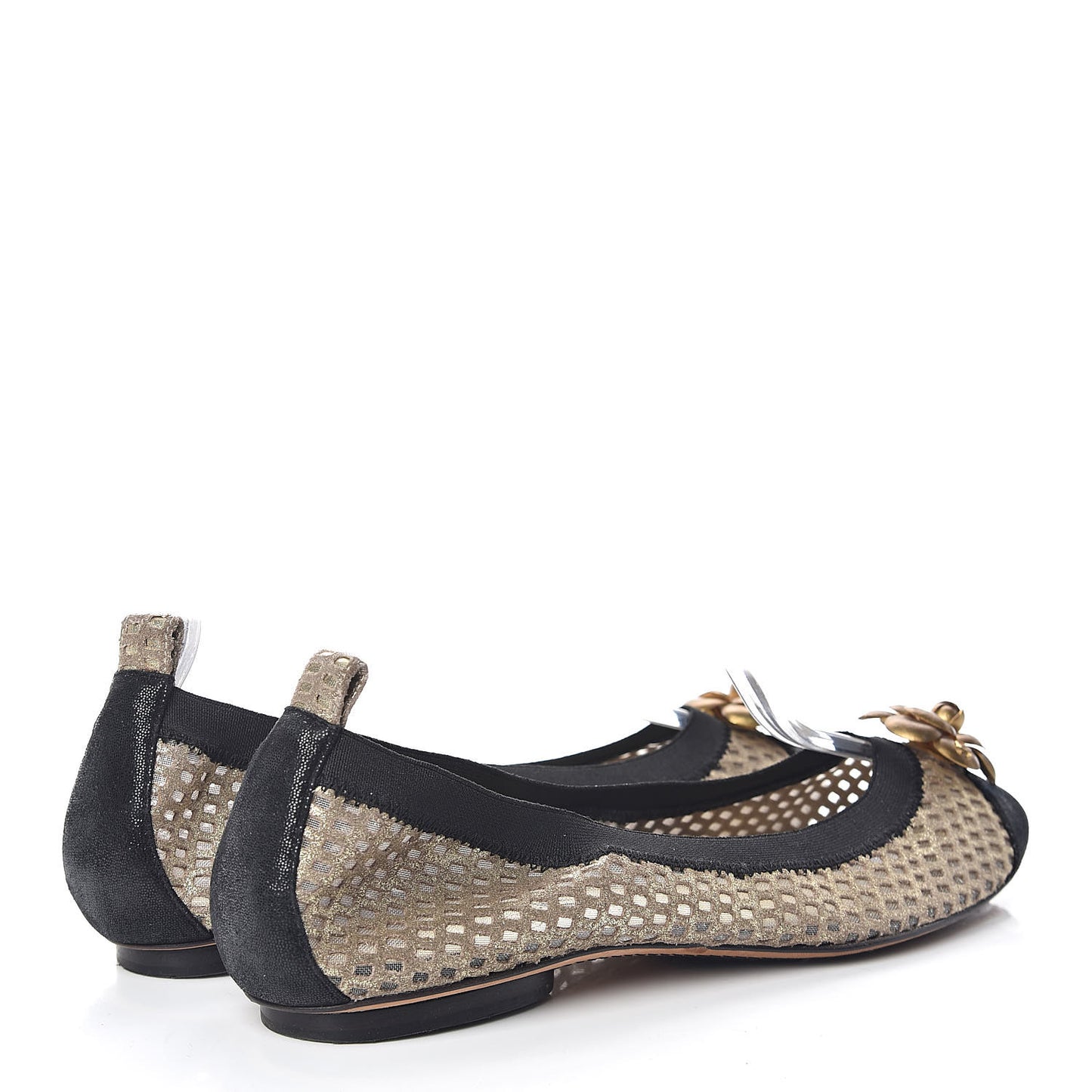 Perforated Elastic Camellia Ballerina Flats 40 Gold Black