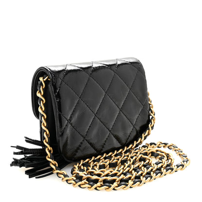 Chanel Crumpled Patent Lambskin Quilted Tassel Clutch With Chain Black 3 of 11