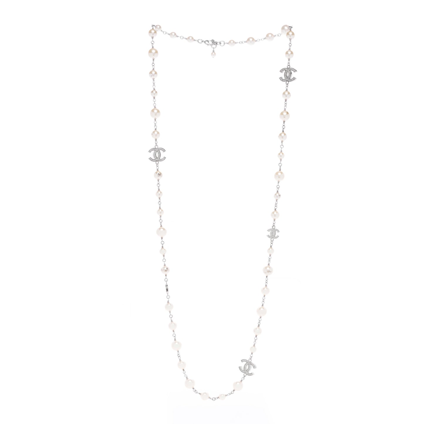 Graduated Pearl Crystal CC Long Necklace Silver