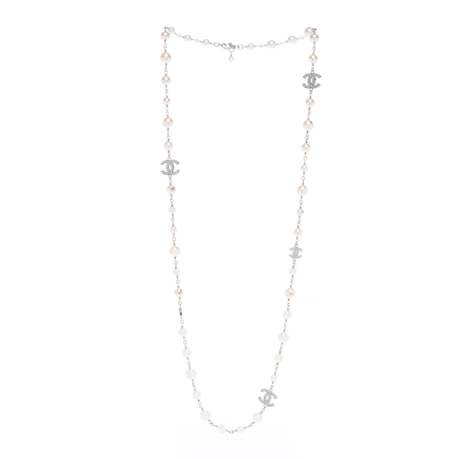 Chanel Graduated Pearl Crystal CC Long Necklace Silver 2 of 3