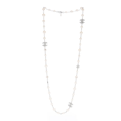 Chanel Graduated Pearl Crystal CC Long Necklace Silver 2 of 3