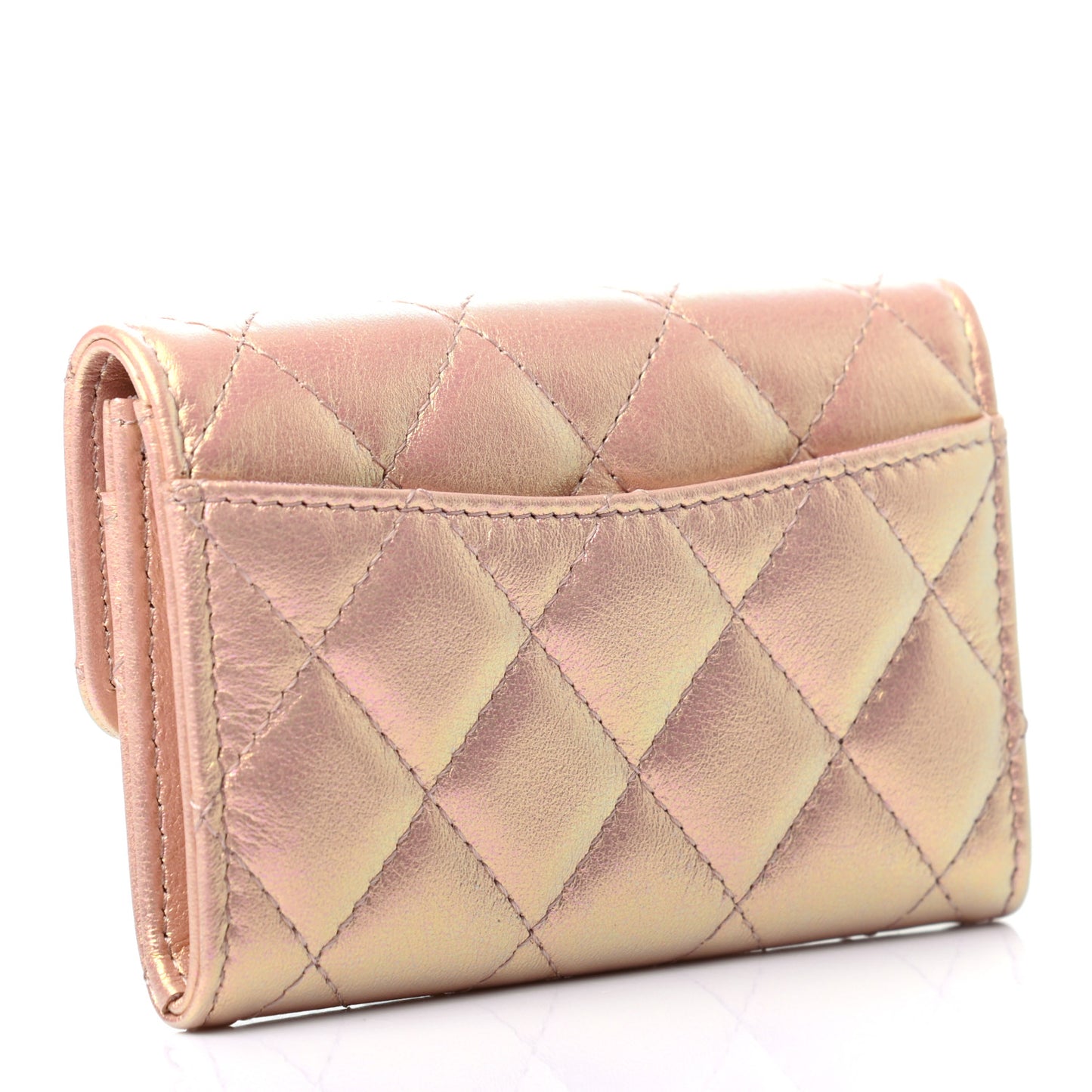 Iridescent Calfskin Quilted Flap Card Holder Wallet Pink