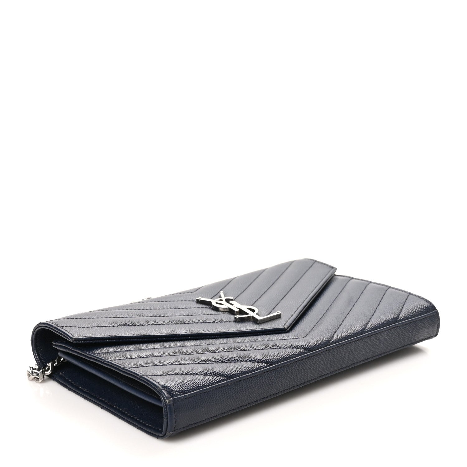 Saint Laurent Grain De Poudre Matelasse Chevron Monogram Chain Wallet Deep Marine 4 of 10