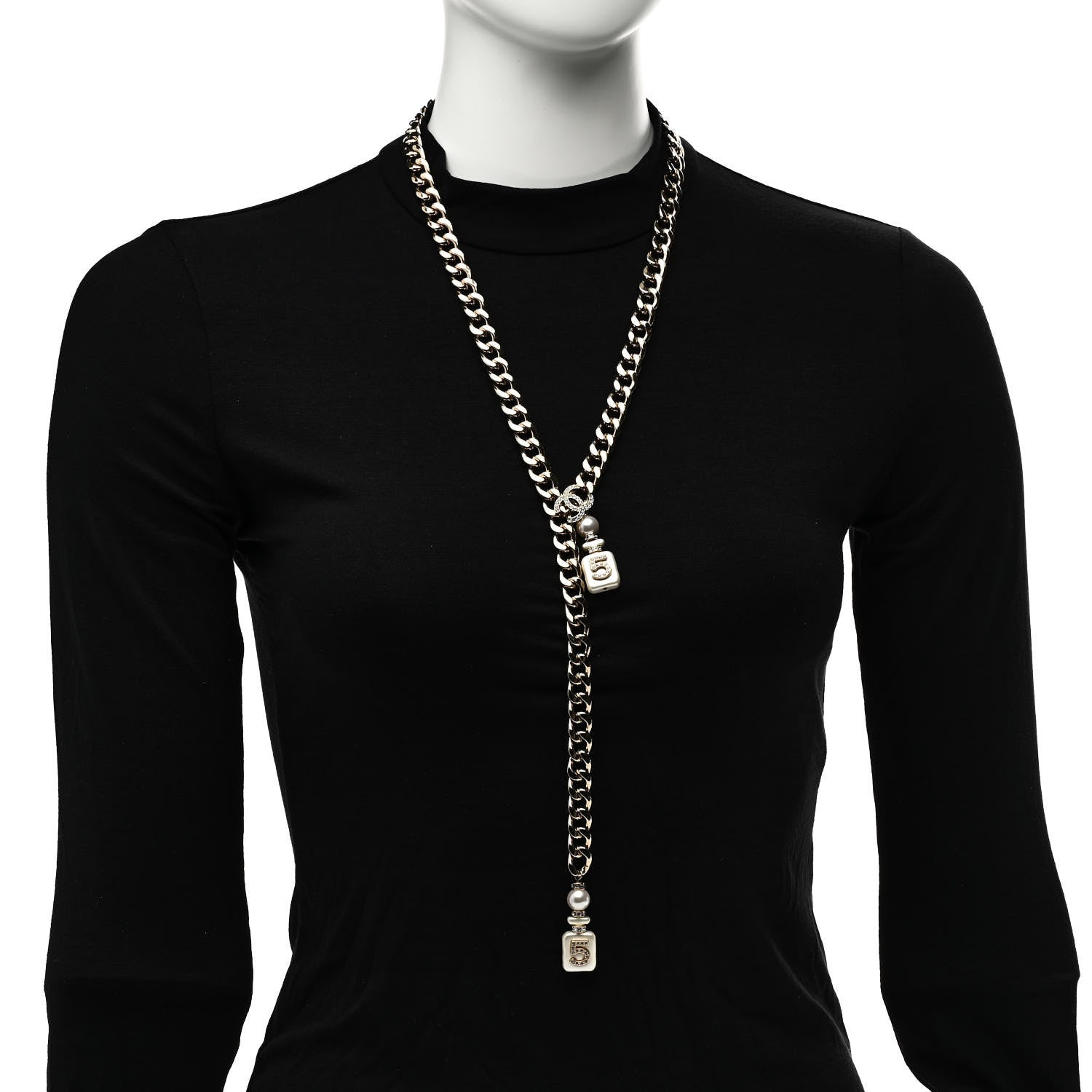 Chanel Pearl Resin Crystal CC No 5 Perfume Bottle Chain Gold 2 of 7