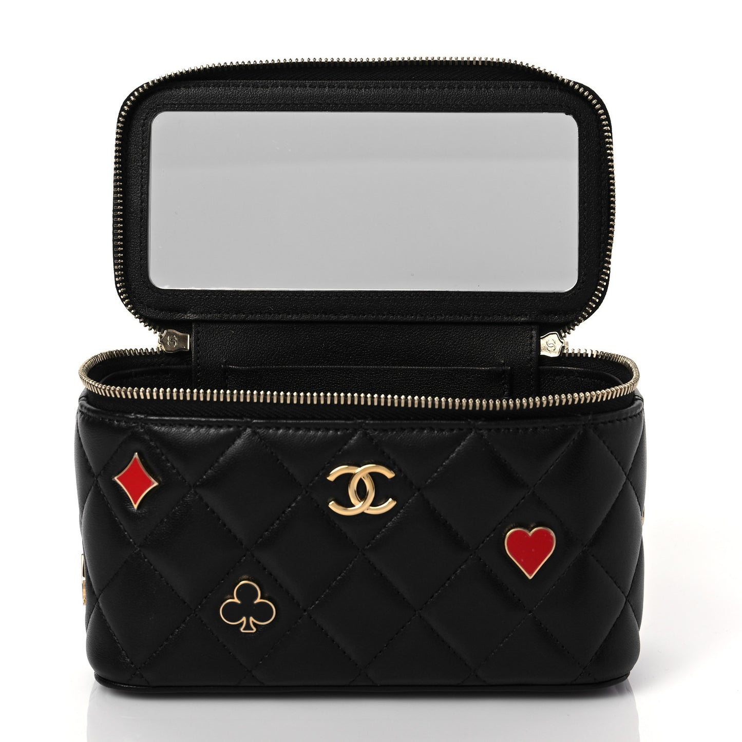 Lambskin Quilted Enamel Coco Casino Small Vanity Case With Chain Black