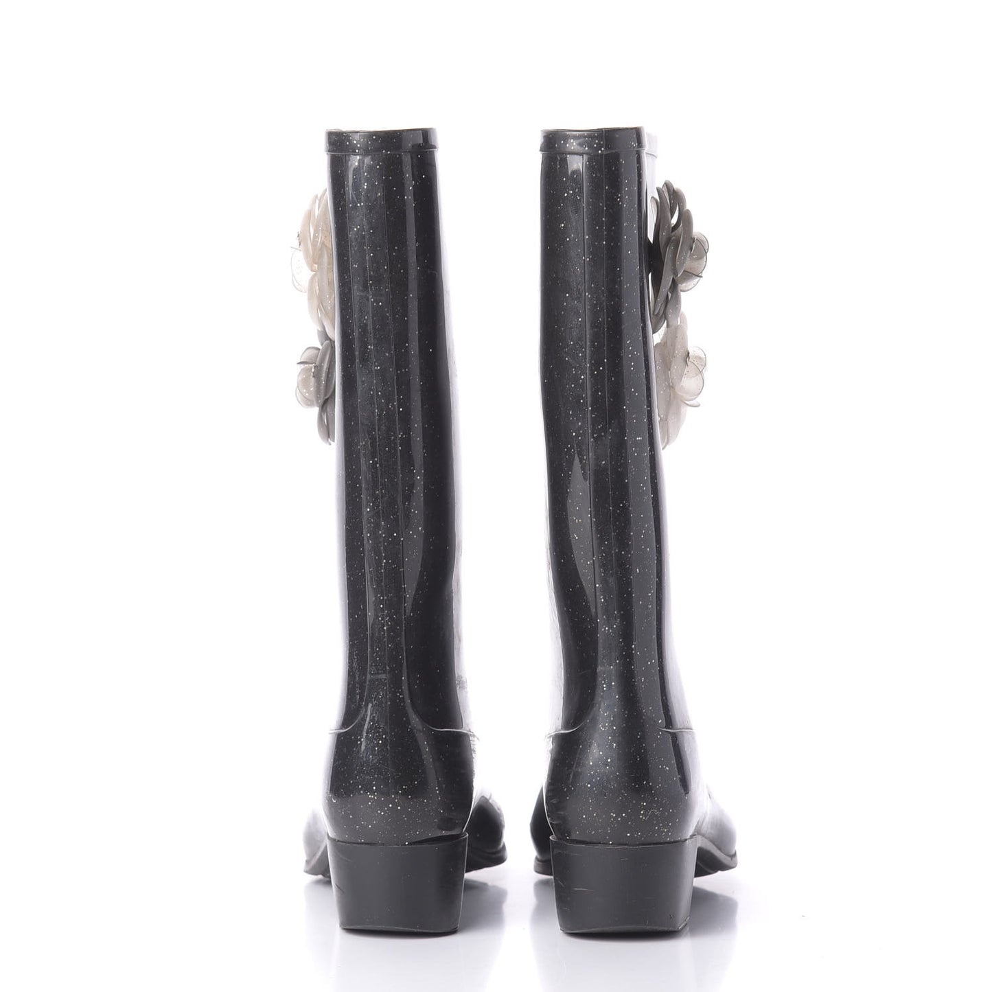 Rubber Glitter Camellia Rain Boots 40 Black