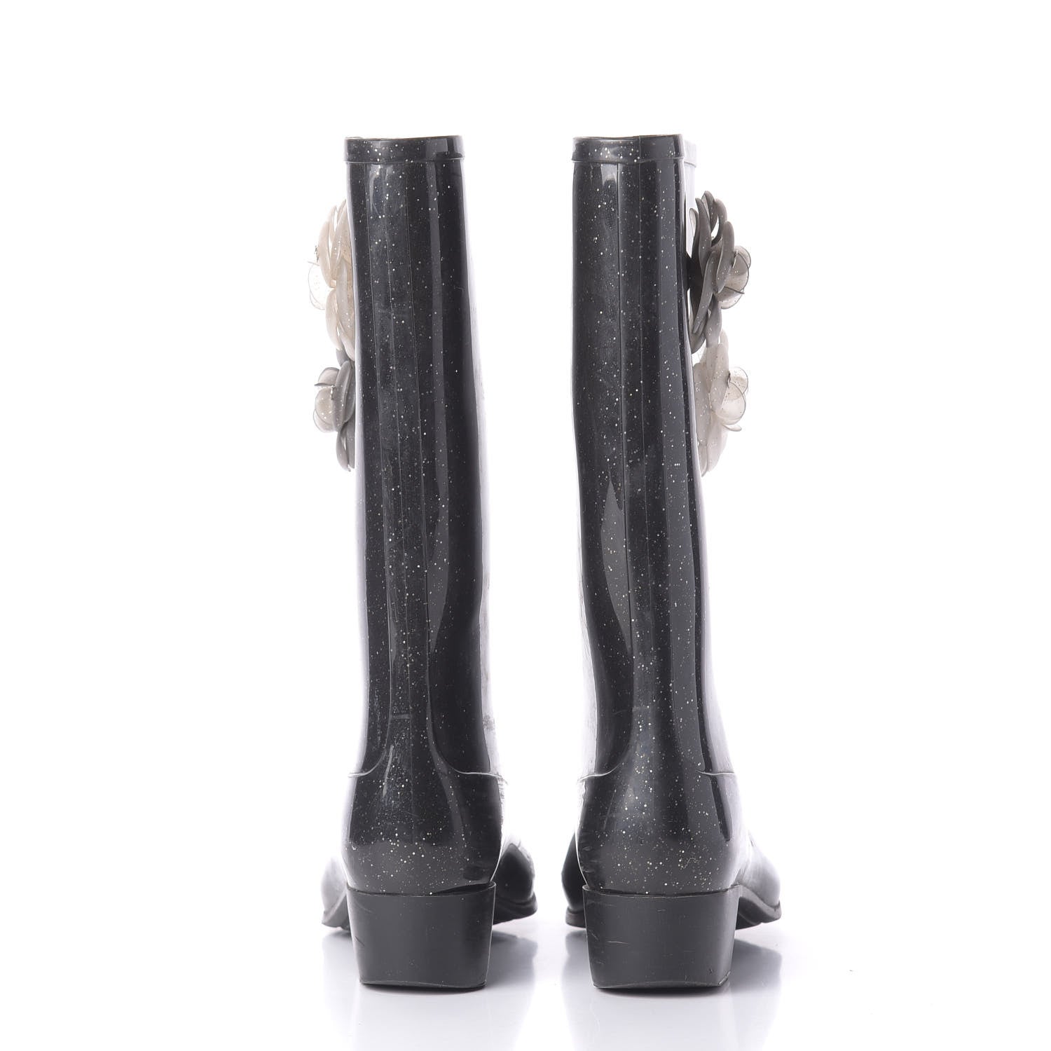 Chanel Rubber Glitter Camellia Rain Boots 40 Black 7 of 10