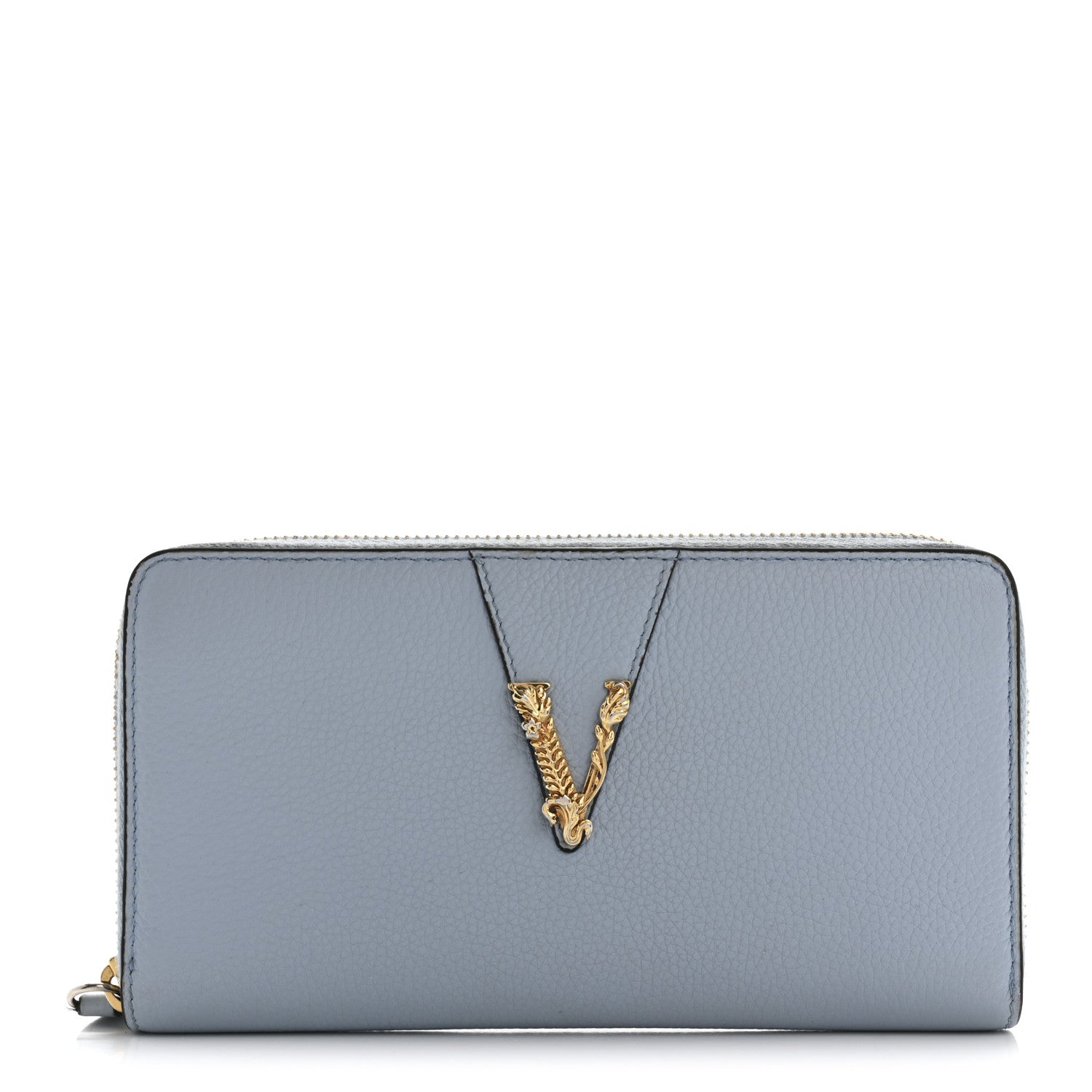 Versace Grained Calfskin Virtus Zip Around Wallet Light Blue 1 of 11