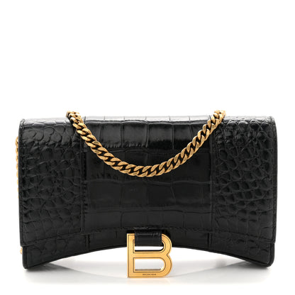 Balenciaga Shiny Calfskin Crocodile Embossed Hourglass Chain Bag  Black 1 of 10