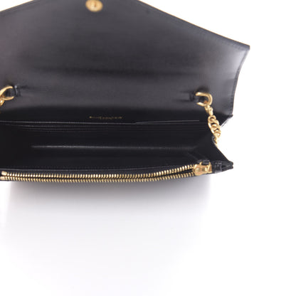 Saint Laurent Grain De Poudre Matelasse Chevron Monogram Envelope Chain Wallet Black 6 of 12