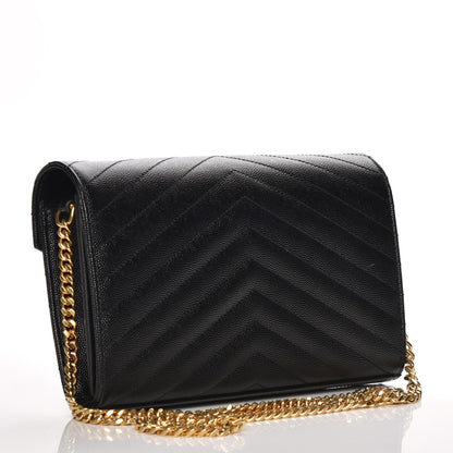 Saint Laurent Grain De Poudre Matelasse Chevron Monogram Chain Wallet Black 3 of 6