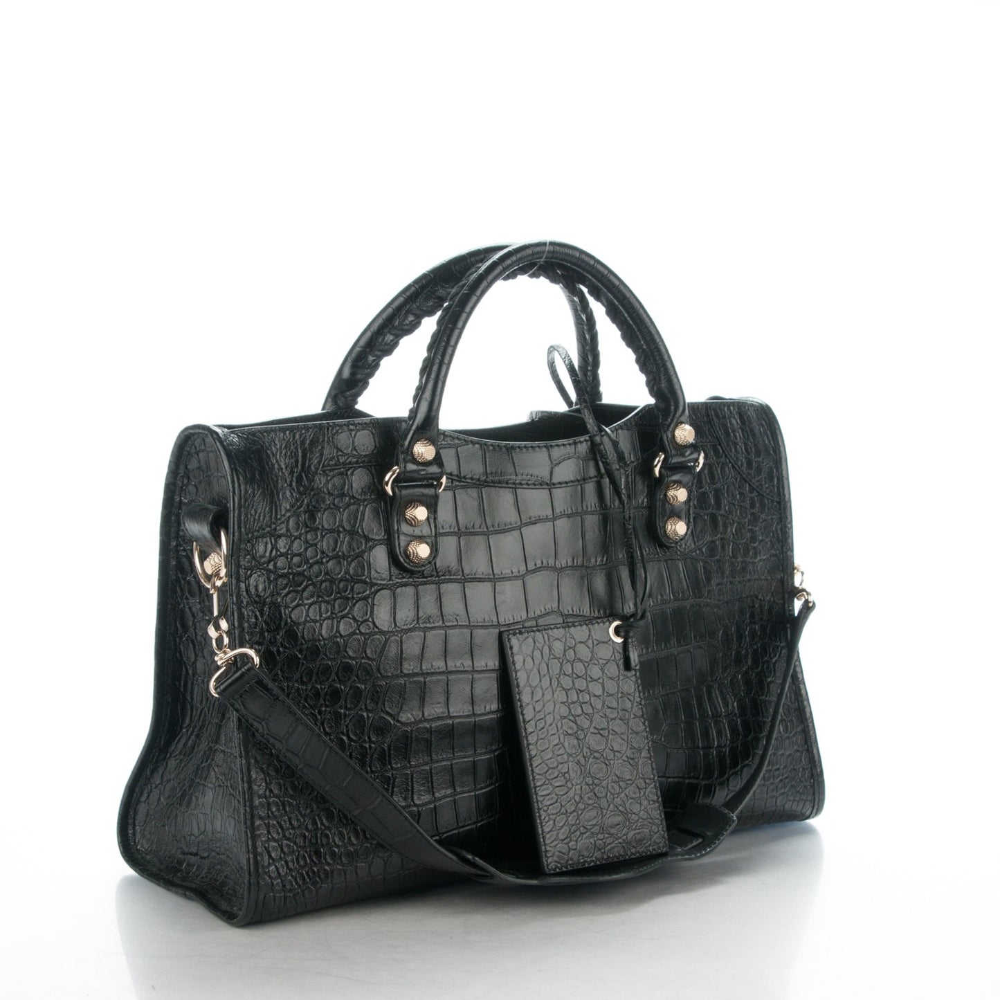 Calfskin Crocodile Embossed Giant 12 Gold Hardware City Black