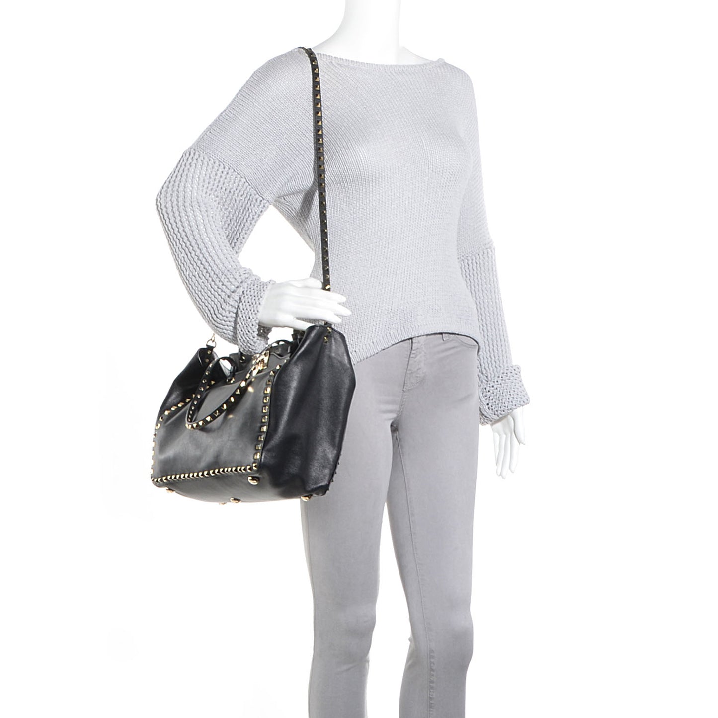 Vitello Medium Rockstud Tote Black