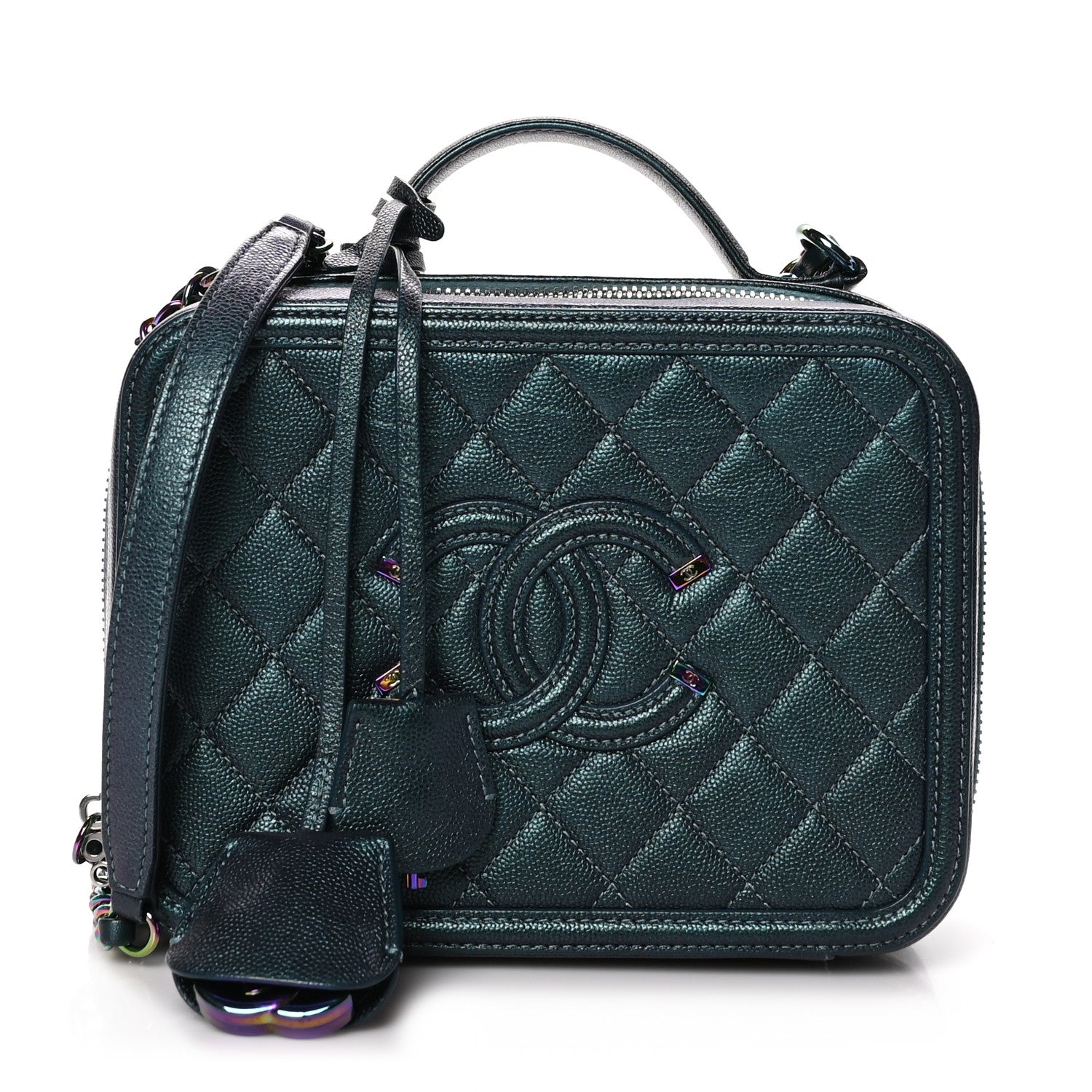 Chanel Iridescent Caviar Quilted Medium CC Filigree Vanity Case Dark Turquoise 1 of 13
