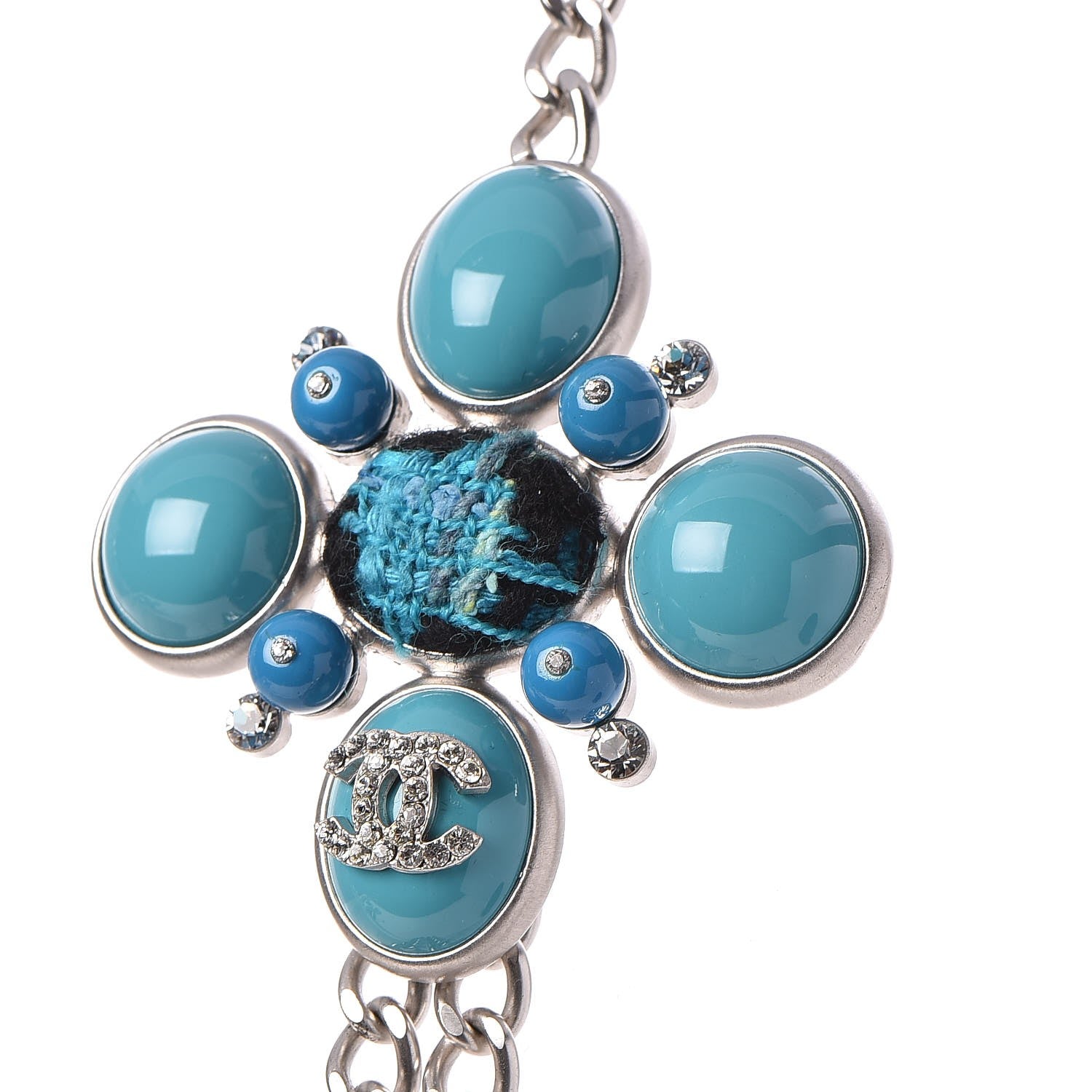 Chanel Resin Tweed Crystal Beaded Medallion Necklace Turquoise Silver 4 of 7