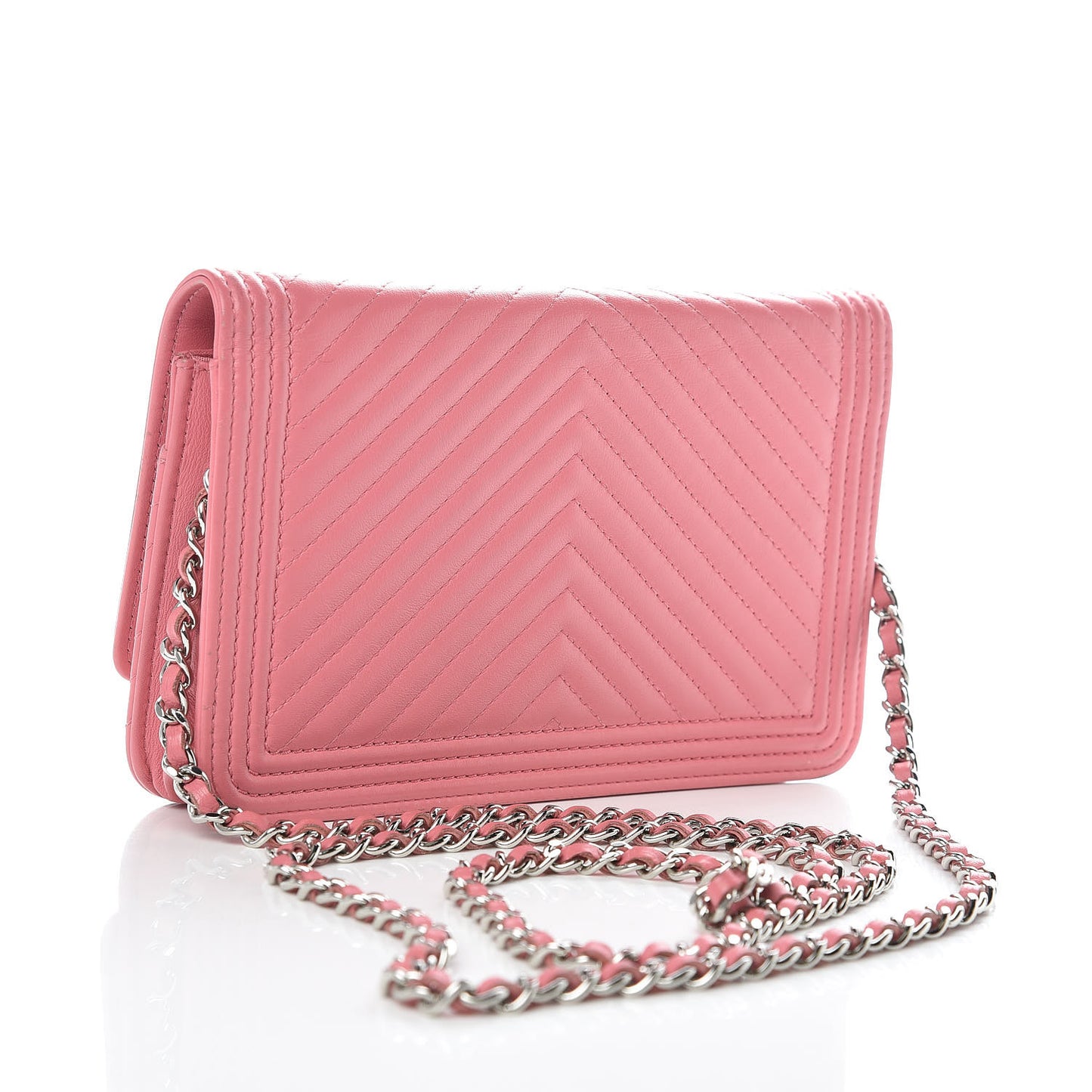 Calfskin Chevron Quilted Boy Wallet On Chain WOC Pink