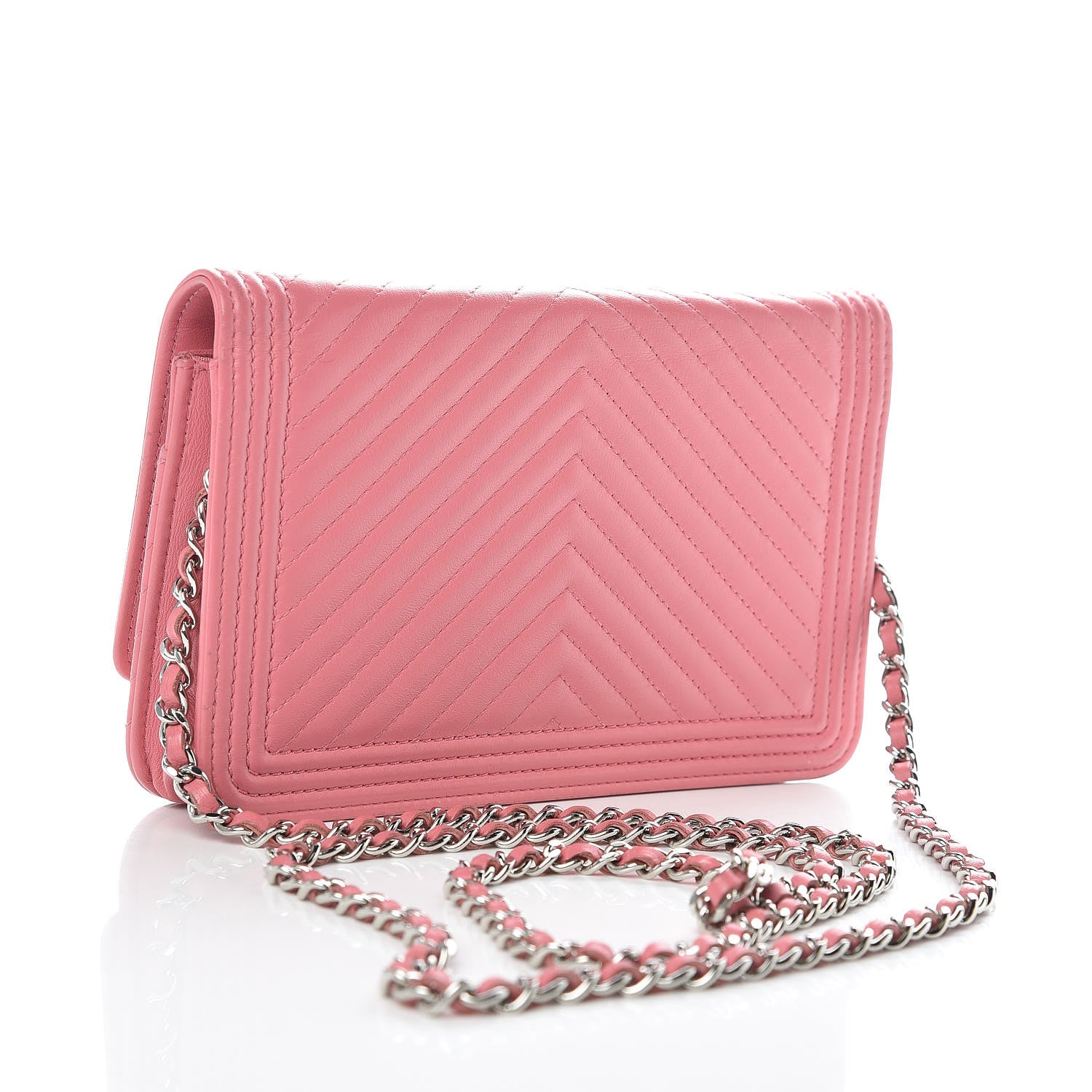 Chanel Calfskin Chevron Quilted Boy Wallet On Chain WOC Pink 3 of 13