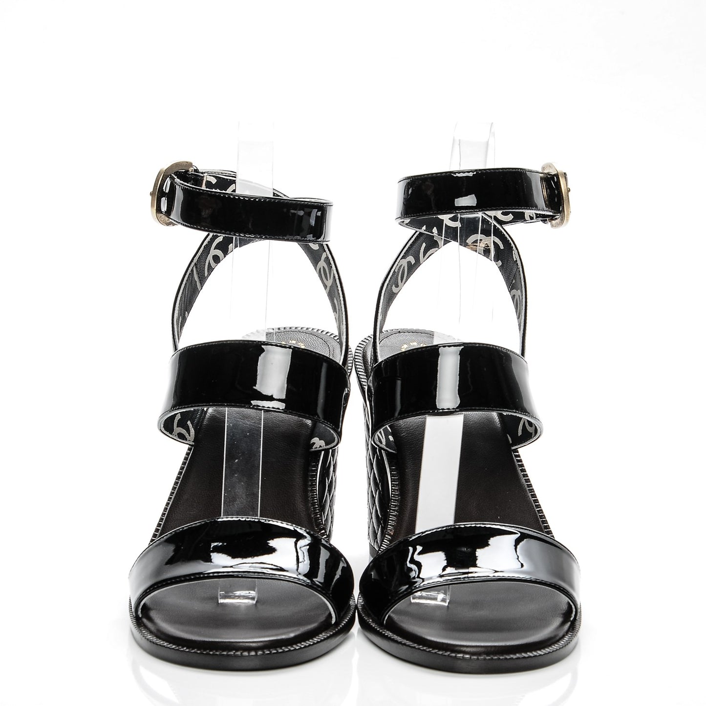 Patent Calfskin Quilted Heel Sandals 37.5 Black