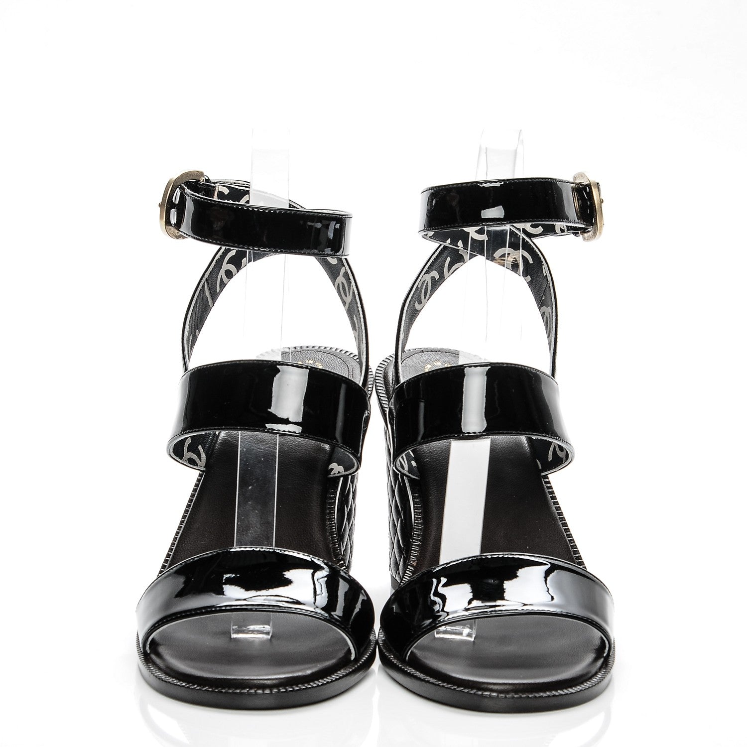 Chanel Patent Calfskin Quilted Heel Sandals 37.5 Black 2 of 7