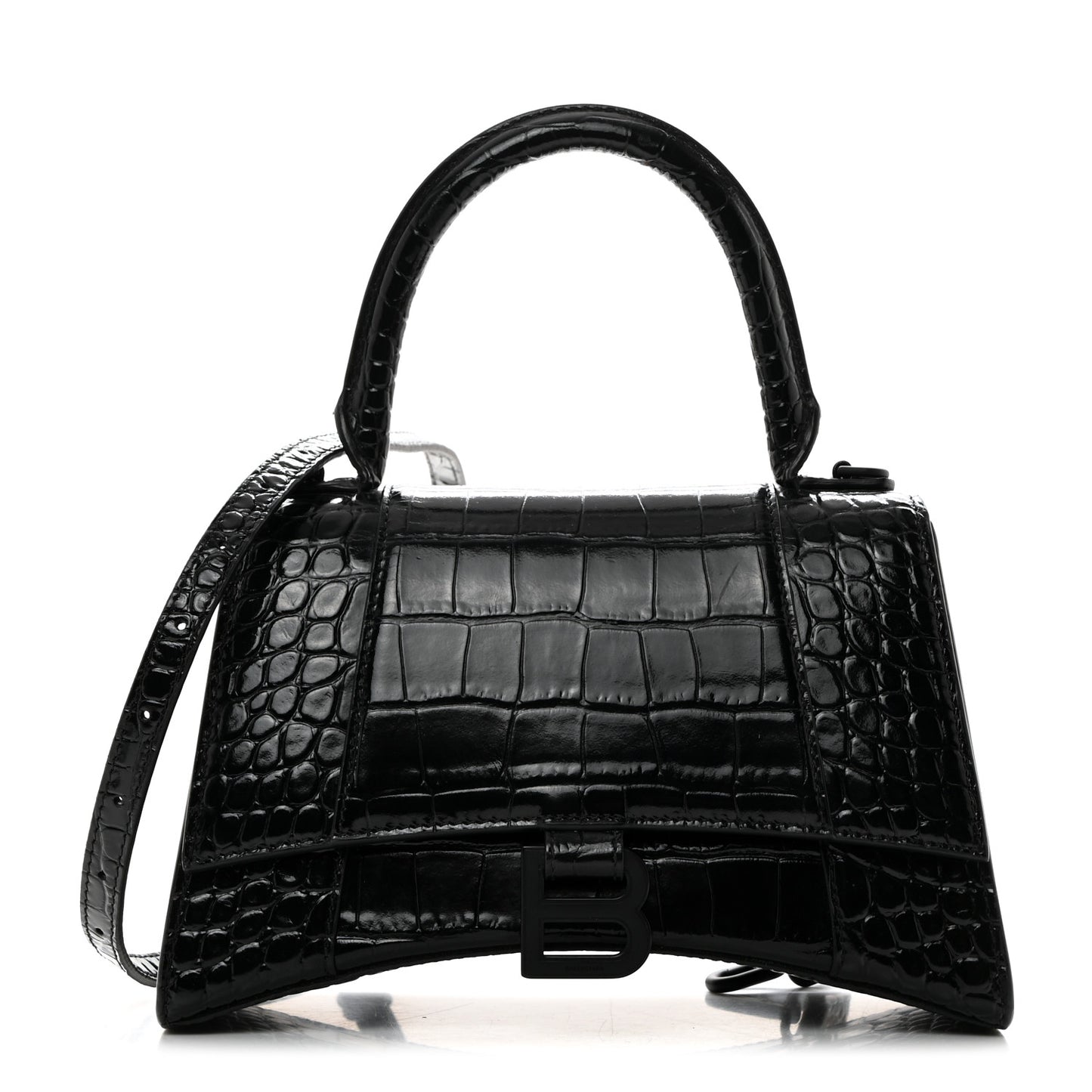 Shiny Calfskin Monochrome Crocodile Embossed Small Hourglass Top Handle Bag Black