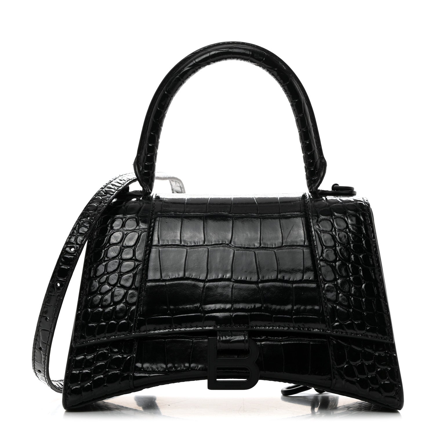 Balenciaga Shiny Calfskin Monochrome Crocodile Embossed Small Hourglass Top Handle Bag Black 1 of 11