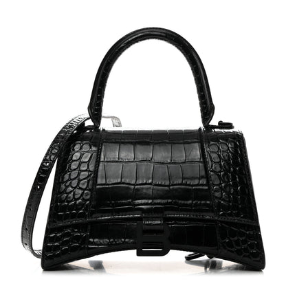Balenciaga Shiny Calfskin Monochrome Crocodile Embossed Small Hourglass Top Handle Bag Black 1 of 11