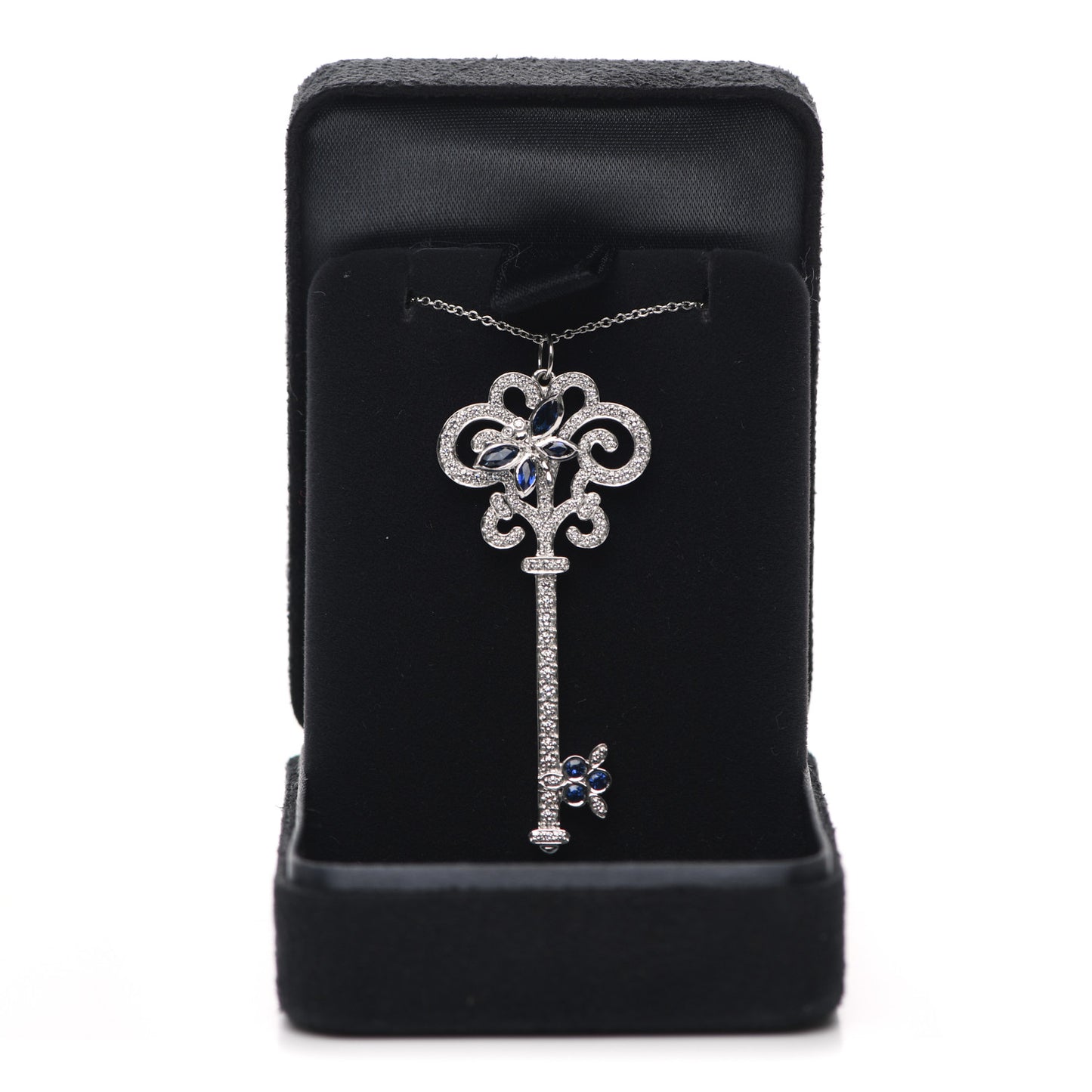 Platinum Diamond Blue Sapphire Enchant Dragonfly Key Pendant Necklace