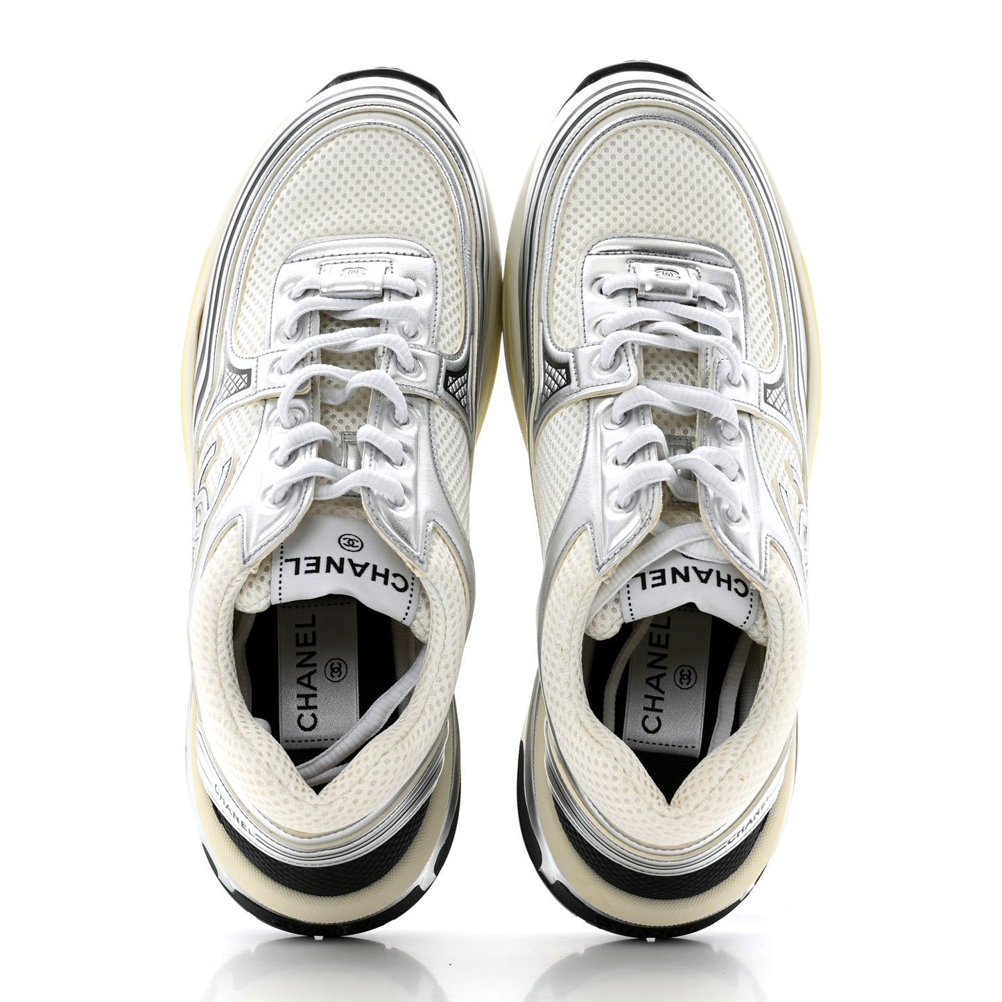 Fabric Laminated Calfskin Stretch CC Sneakers 40 White Gold Silver