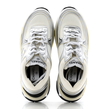 Chanel Fabric Laminated Calfskin Stretch CC Sneakers 40 White Gold Silver 2 of 10