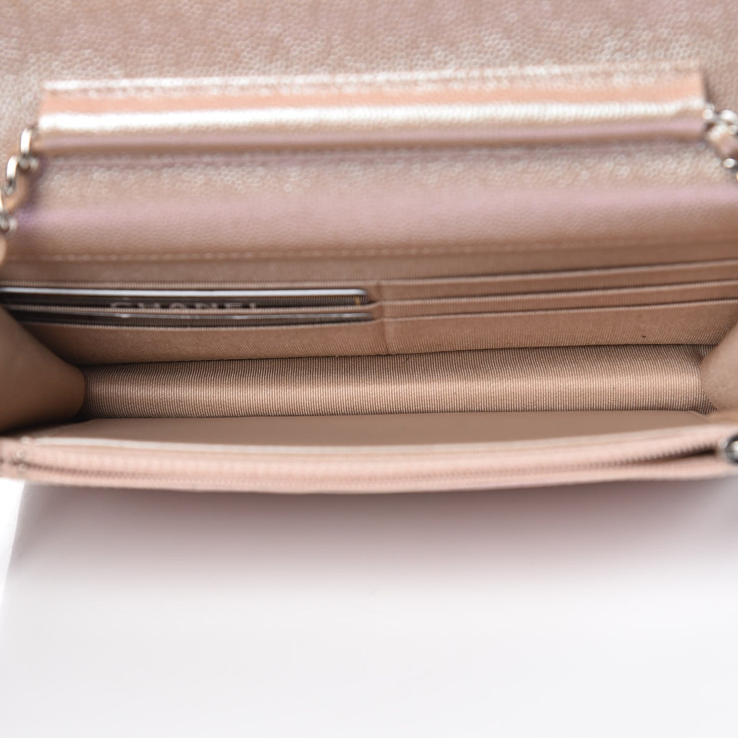 Metallic Caviar Chevron Quilted Wallet On Chain WOC Light Gold