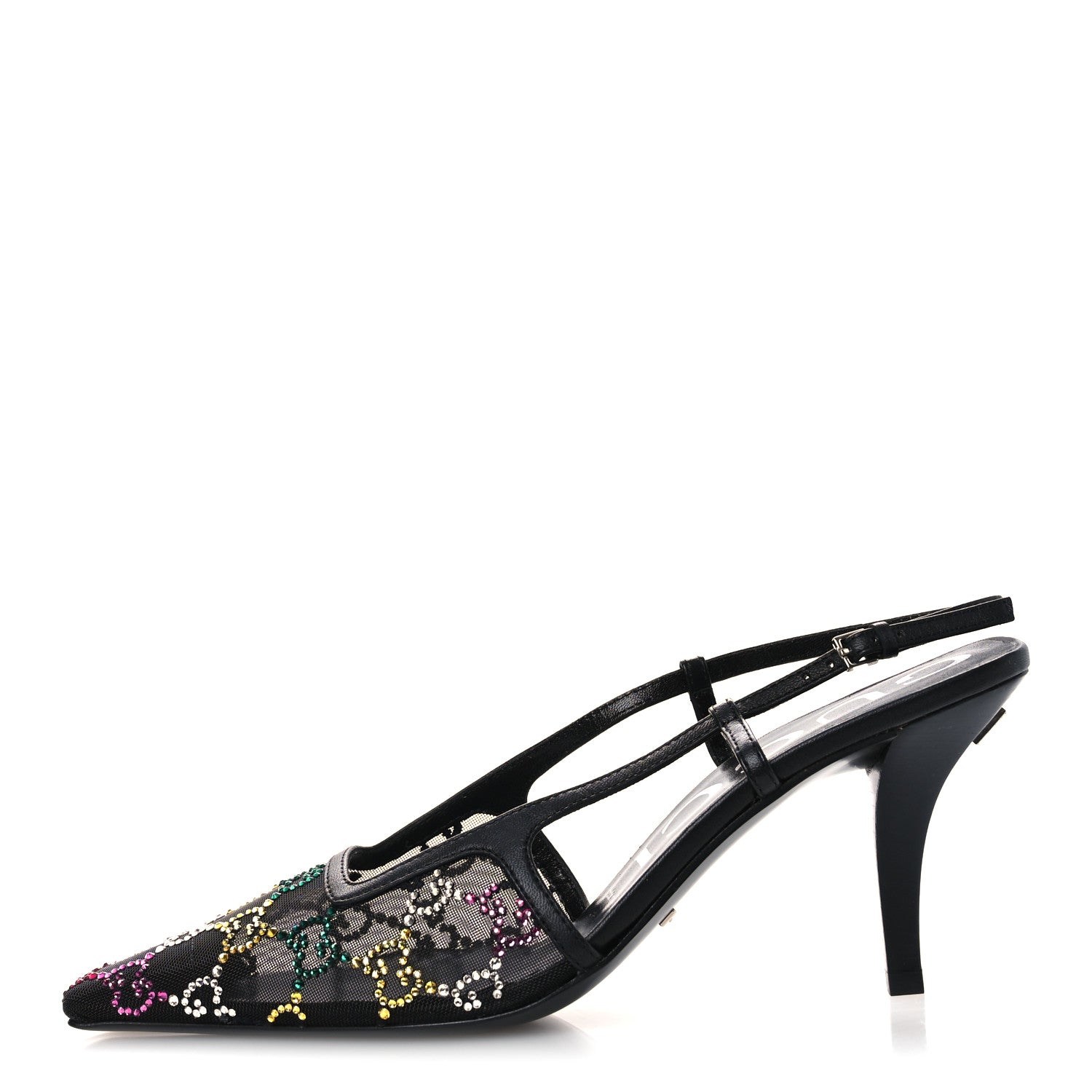 Gucci Tela Retino Nappa Charlotte Crystal GG Monogram Square G 75mm Slingback Pumps 37 Black 1 of 12