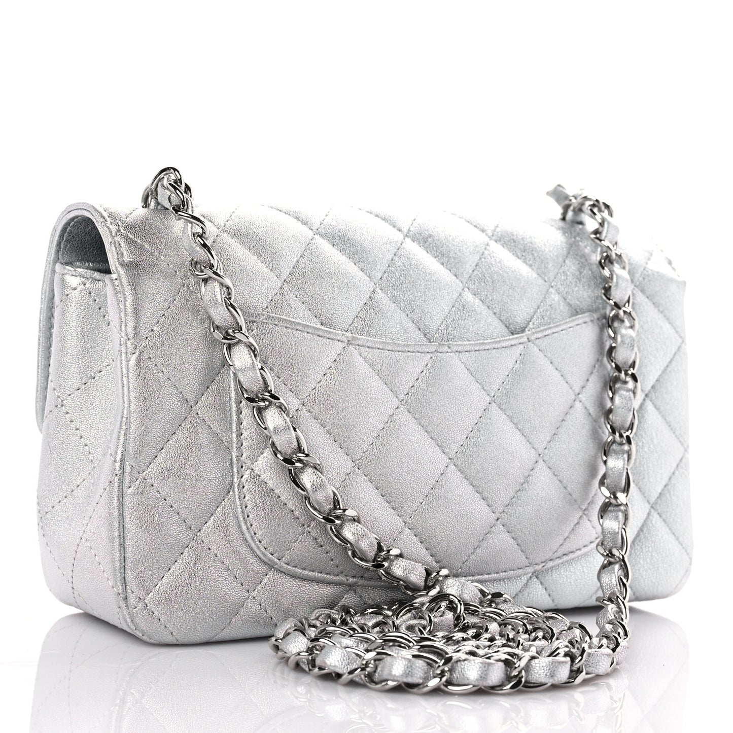 Metallic Lambskin Quilted Mini Rectangular Flap Silver