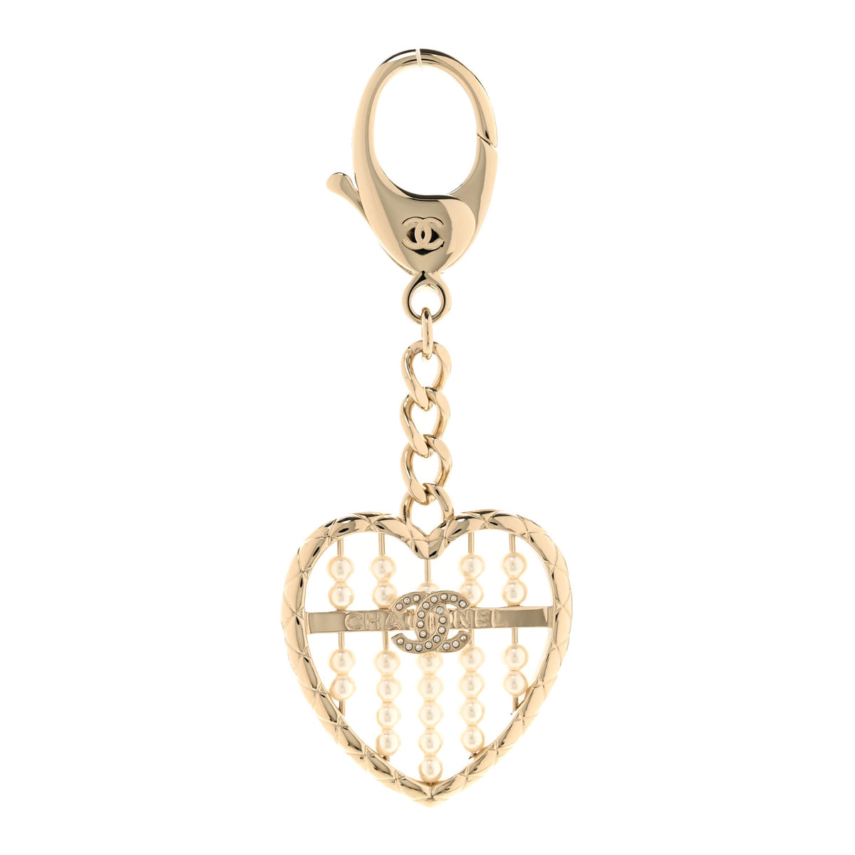 Chanel Crystal Pearl Heart Keychain Gold 1 of 3